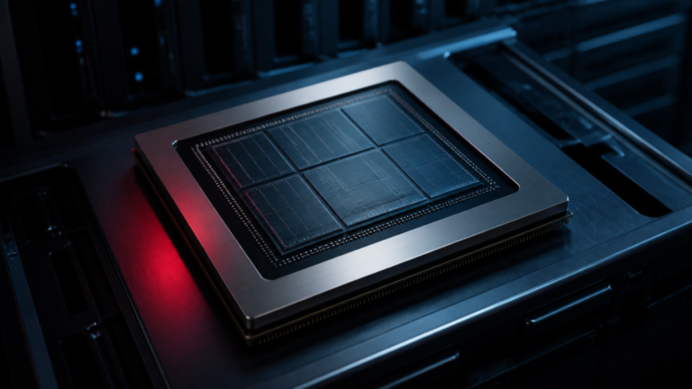 Processador de inteligência artificial em servidor com iluminação azul e reflexo vermelho