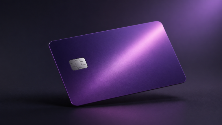 Cartão bancário digital violeta em composição minimalista, representando o avanço do Nubank após lucro recorde