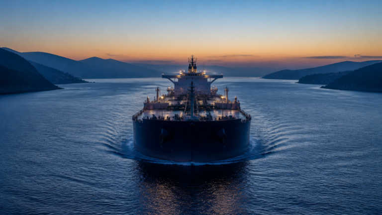 Navio petroleiro atravessa estreito ao amanhecer em meio à tensão no mercado de petróleo