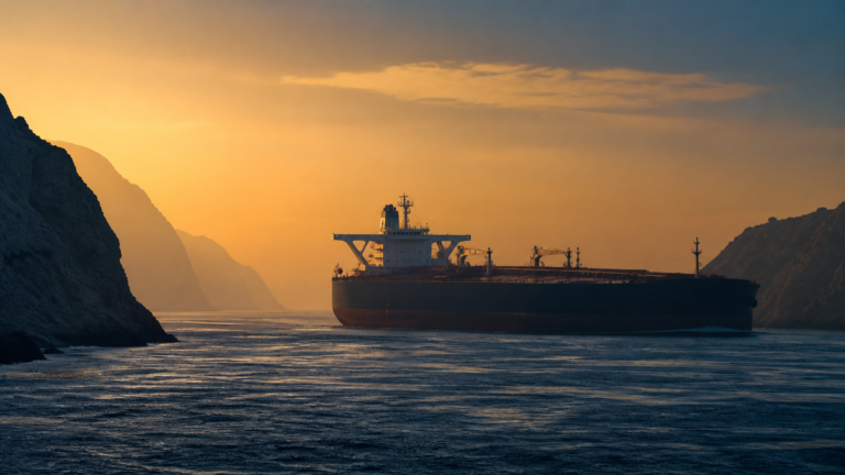 Navio-tanque atravessa estreito marítimo ao amanhecer