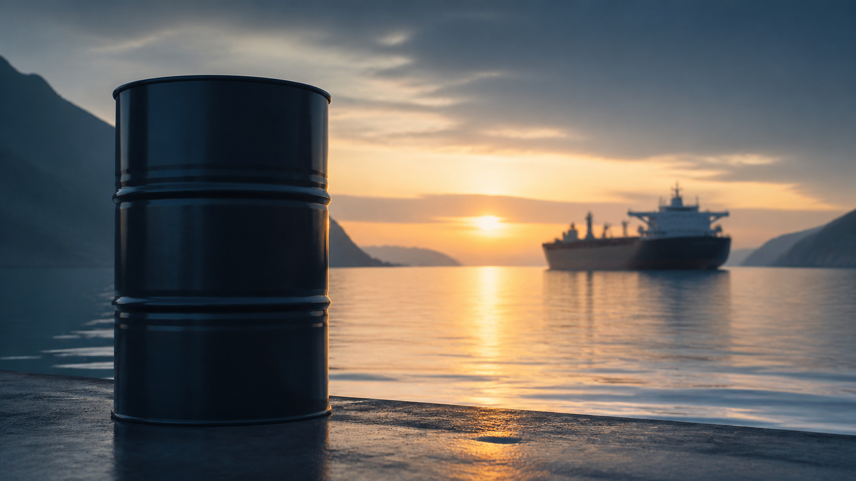 Barril de petróleo diante de um estreito marítimo com navio-tanque ao amanhecer