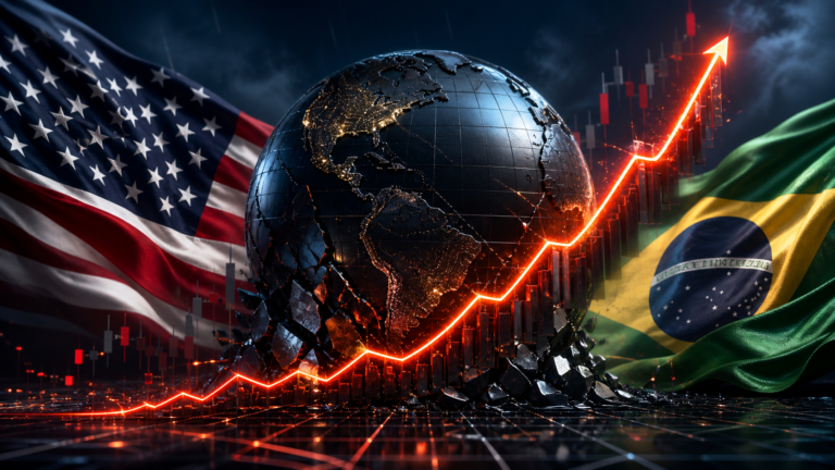 Globo cercado pelas bandeiras do Brasil e dos Estados Unidos diante de uma curva de juros ascendente