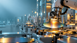 Braço robótico manipula um wafer de semicondutores em fábrica automatizada, ilustrando a indústria chinesa.