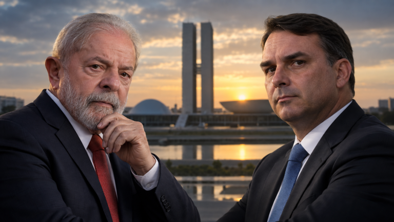 Lula e Flávio Bolsonaro diante do Congresso Nacional em Brasília