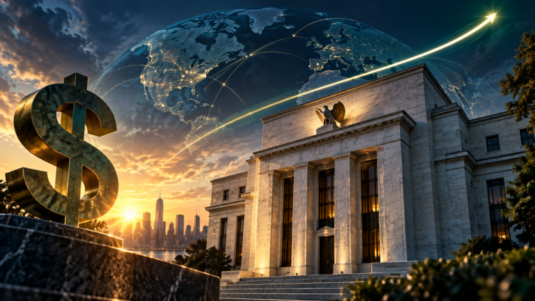 Fachada neoclássica representando o Federal Reserve diante de uma curva luminosa de juros em alta ao amanhecer