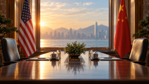 Mesa de negociação com bandeiras dos Estados Unidos e da China