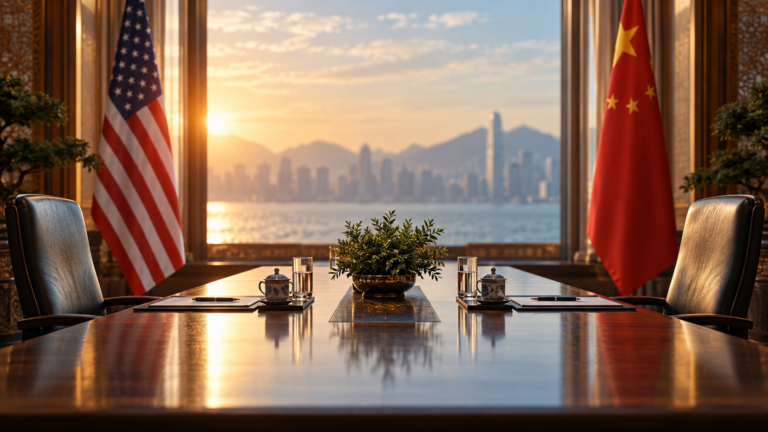 Mesa de negociação com bandeiras dos Estados Unidos e da China
