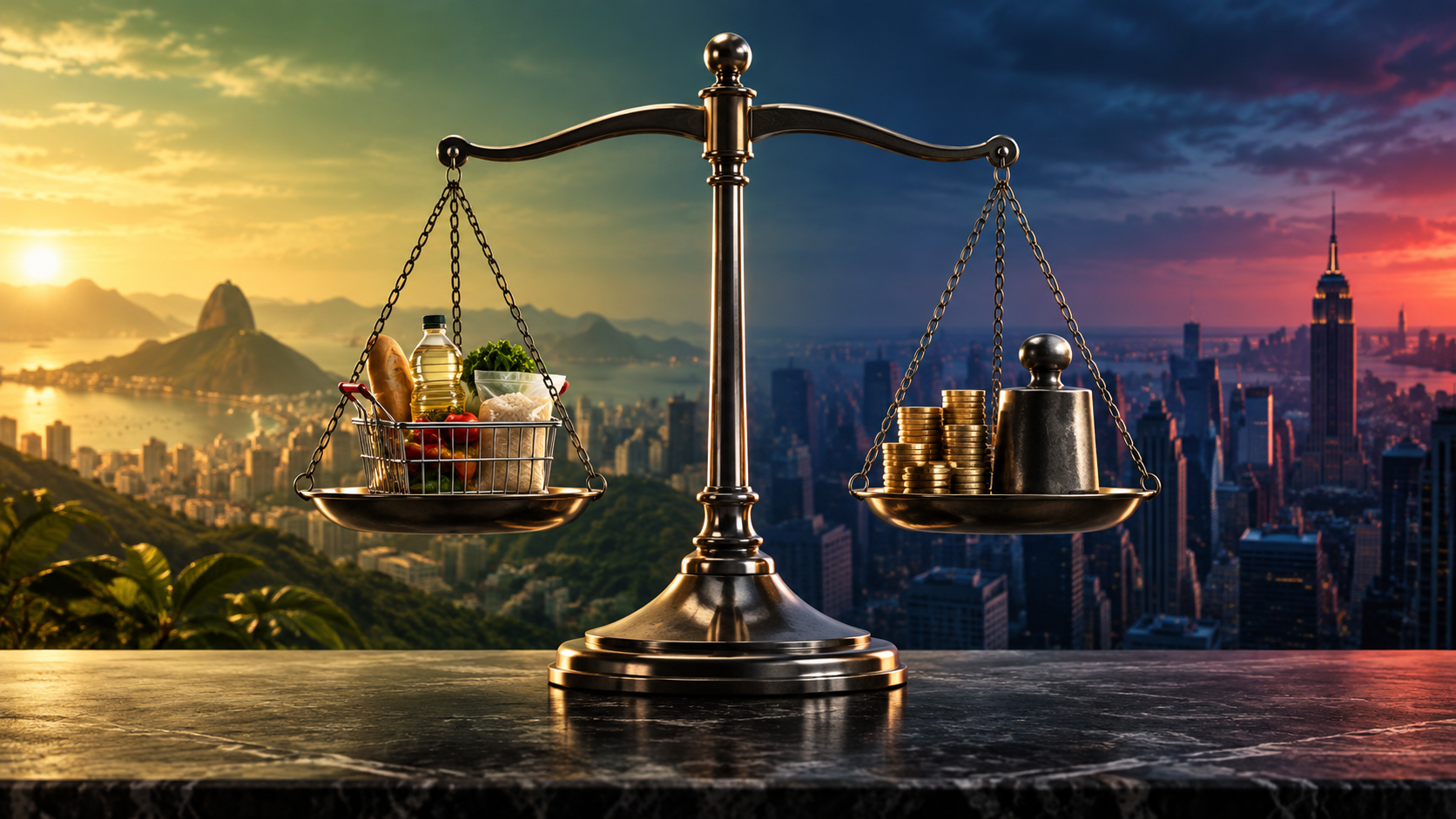 Balança metálica equilibra uma cesta de alimentos e moedas entre paisagens do Brasil e dos Estados Unidos.