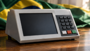 Urna eletrônica brasileira com tela apagada diante de tecido verde e amarelo