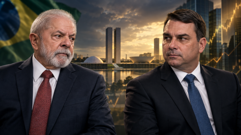 Lula e Flávio Bolsonaro em composição editorial diante de Brasília e de um gráfico abstrato.