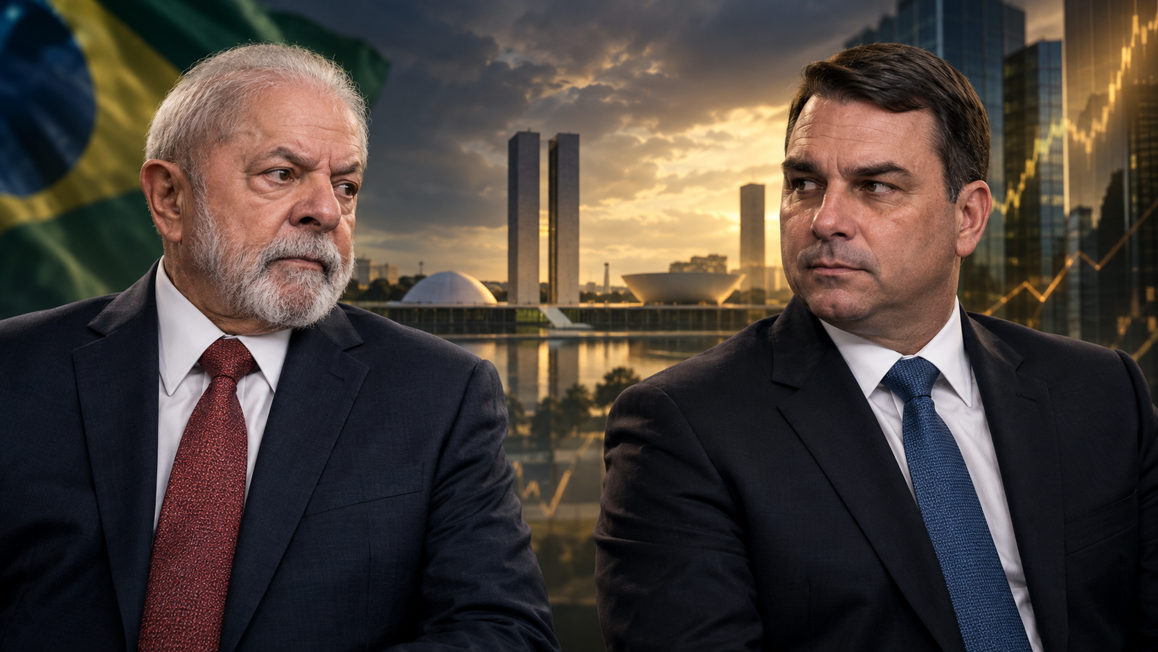Lula e Flávio Bolsonaro em composição editorial diante de Brasília e de um gráfico abstrato.