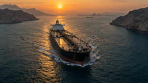 Navio petroleiro atravessa estreito ao amanhecer, em referência ao petróleo e às negociações entre EUA e Irã
