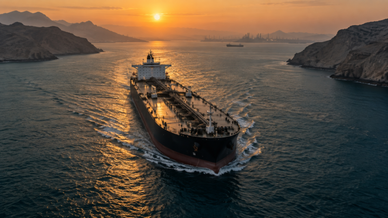 Navio petroleiro atravessa estreito ao amanhecer, em referência ao petróleo e às negociações entre EUA e Irã