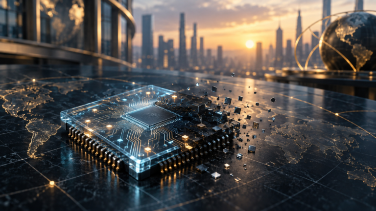 Circuito de inteligência artificial em um chip de vidro sob uma atmosfera de cautela nos mercados globais.