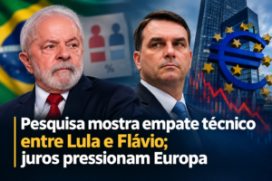 Lula e Flávio Bolsonaro em composição editorial sobre a pesquisa presidencial, com símbolo do euro e gráfico de mercado em queda ao fundo