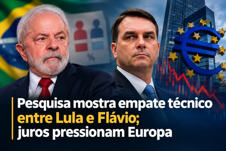 Lula e Flávio Bolsonaro em composição editorial sobre a pesquisa presidencial, com símbolo do euro e gráfico de mercado em queda ao fundo