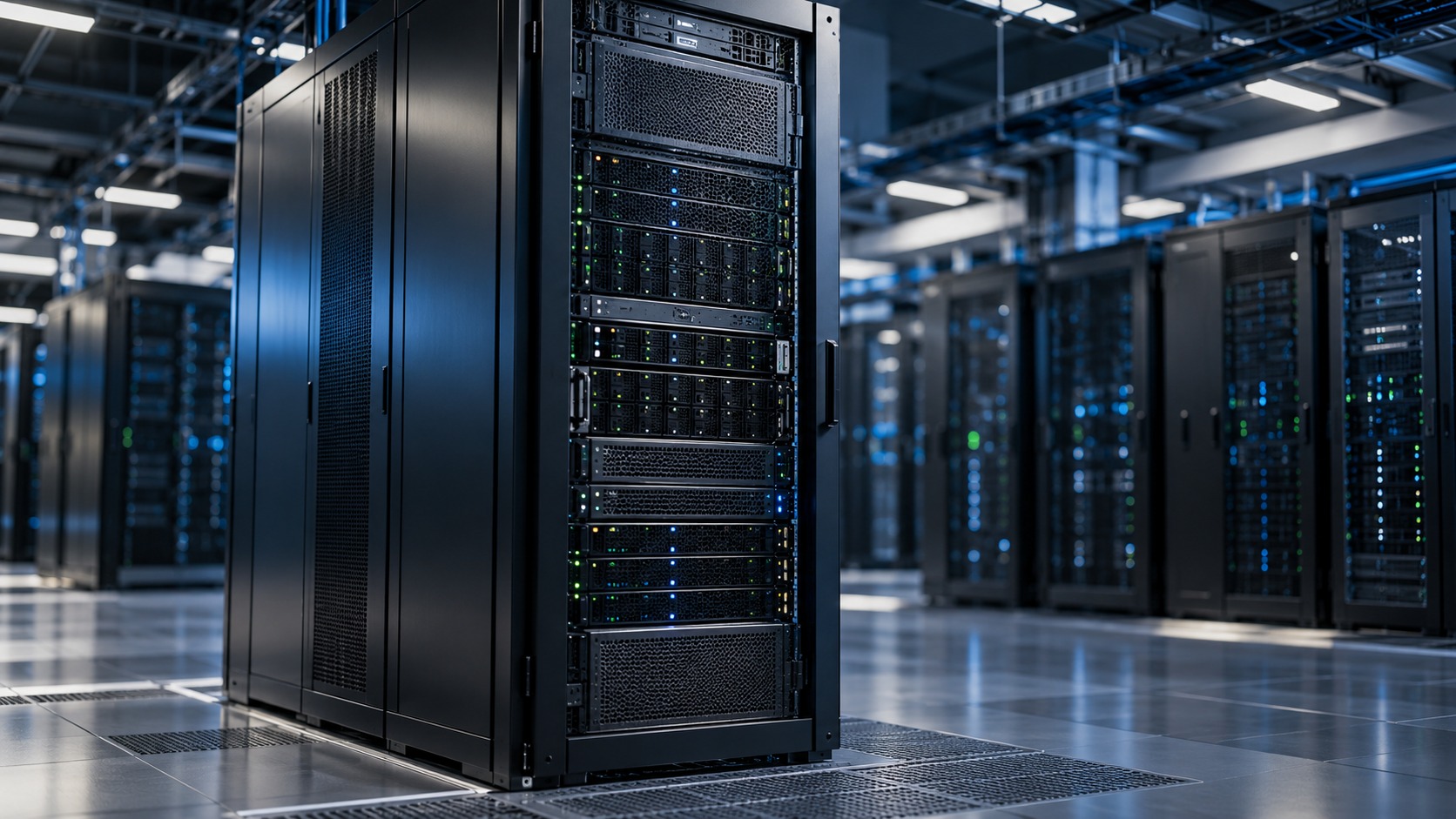 Rack de servidores em um centro de dados, com iluminação azul discreta e outros equipamentos ao fundo