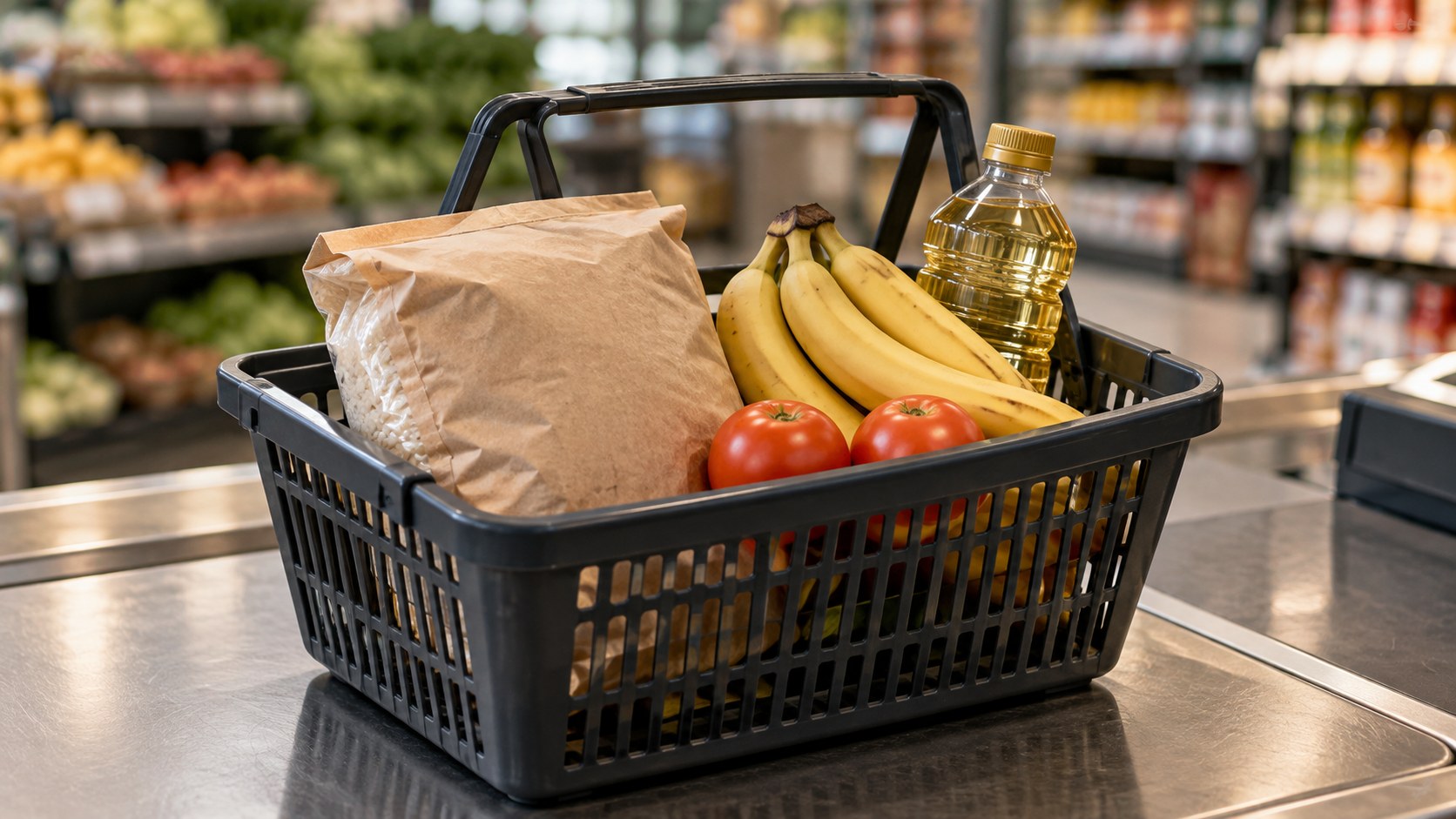 Cesta escura de supermercado com arroz, bananas, tomates e óleo sobre um balcão, representando o custo de vida