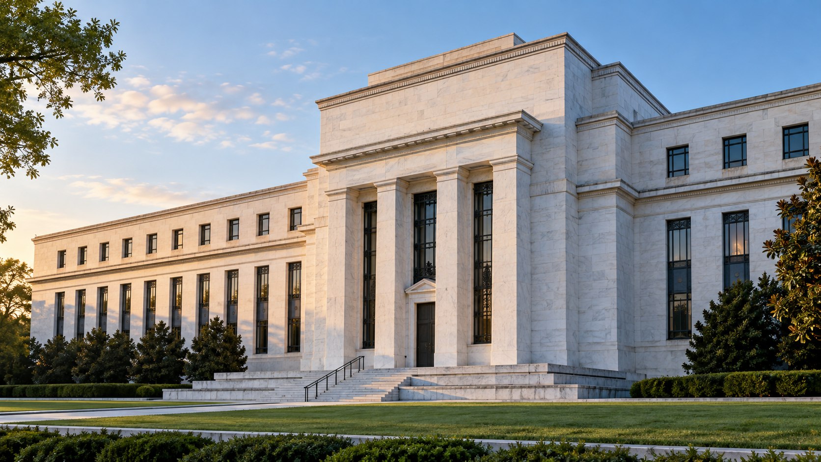 Fachada de mármore do edifício do Federal Reserve, com colunas altas, jardins e luz suave da manhã