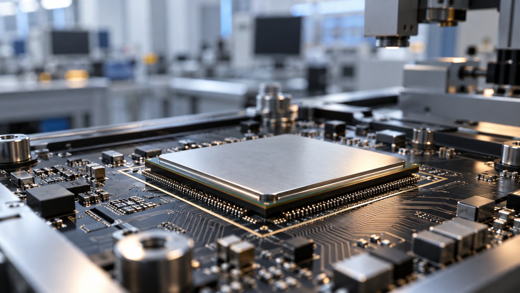 Semicondutor metálico sobre uma placa de testes, em um laboratório industrial com iluminação fria