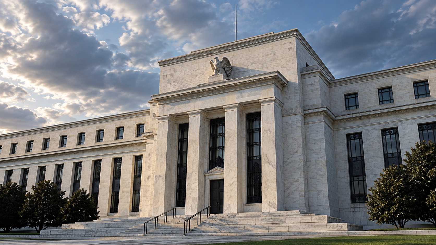 Fachada de mármore e colunas do Federal Reserve sob céu nublado ao amanhecer