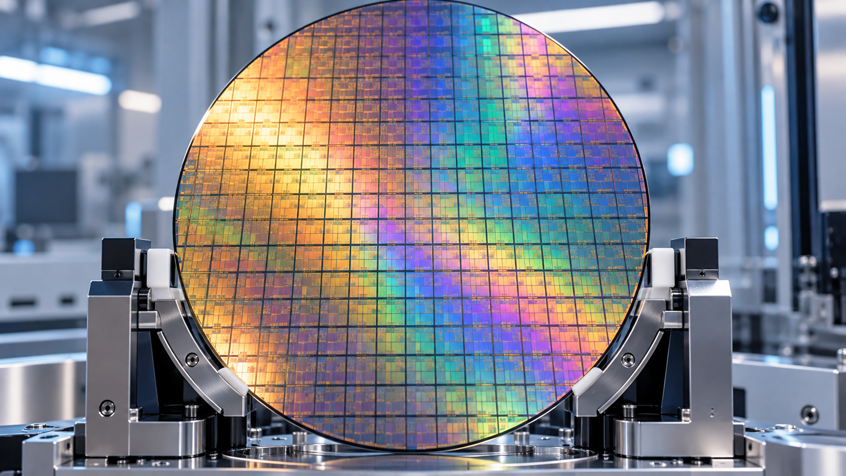 Disco de silício com reflexos coloridos sustentado por equipamento de precisão em uma fábrica de semicondutores