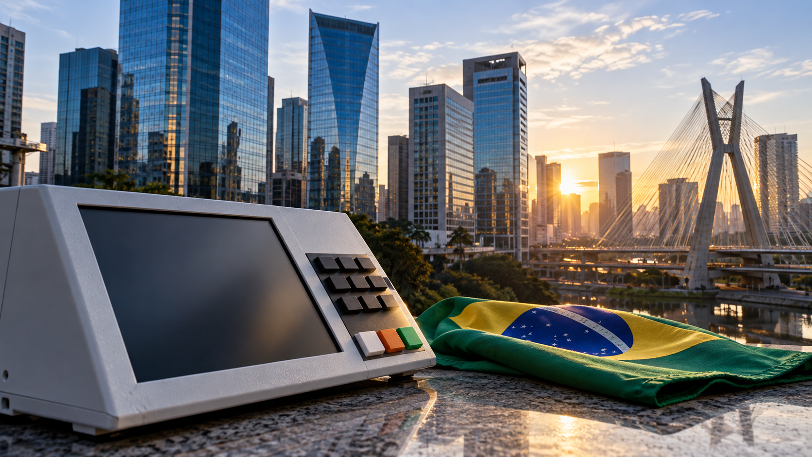 Urna eletrônica e bandeira brasileira diante de edifícios do centro financeiro de São Paulo ao amanhecer