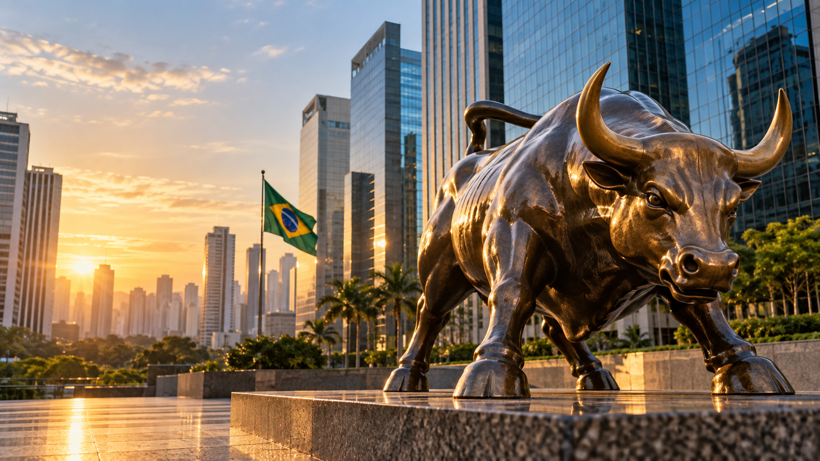Escultura de touro em bronze e bandeira brasileira diante de edifícios financeiros ao amanhecer