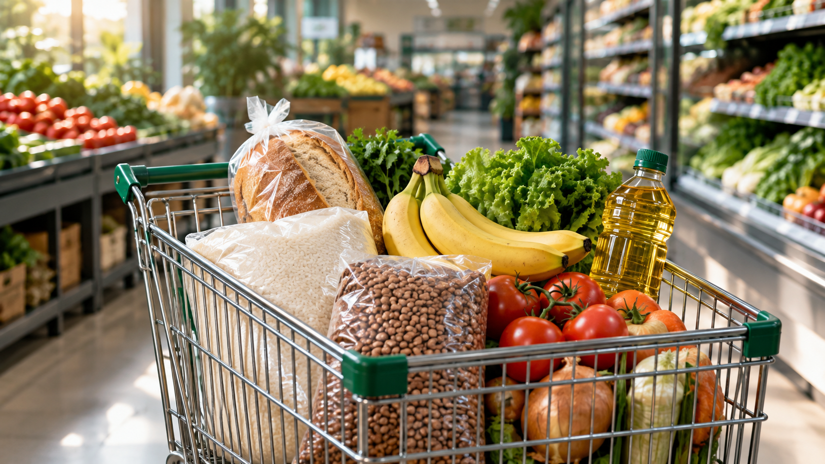 Carrinho de supermercado com arroz, feijão, pão, frutas e hortaliças em um corredor iluminado