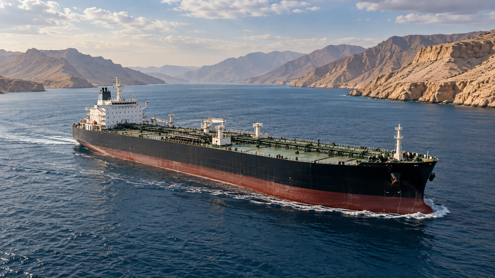 Grande navio petroleiro atravessa águas azuis entre montanhas áridas ao amanhecer