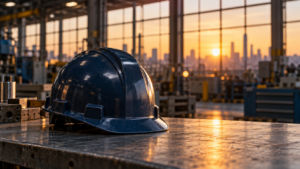 Capacete de segurança em uma fábrica com estruturas industriais e cidade ao fundo sob luz dourada.